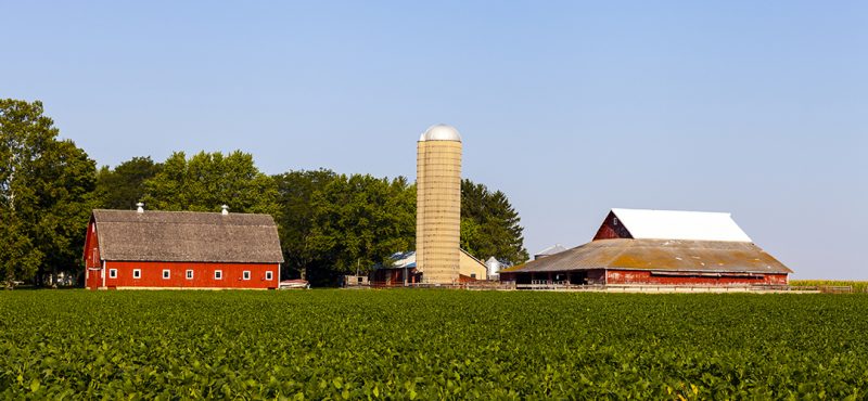 A barn and silo on a farm in a rural area