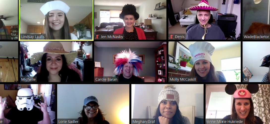 The S&D Marketing Team sports hats on their weekly check-in call.
