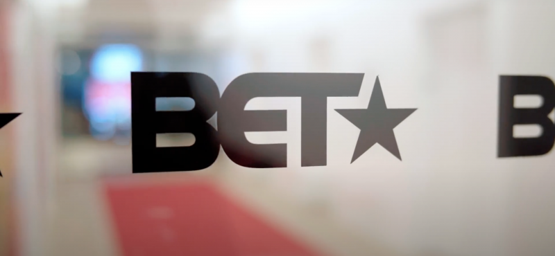 A photograph of BET's logo on the doors of the TV network's New York City office.