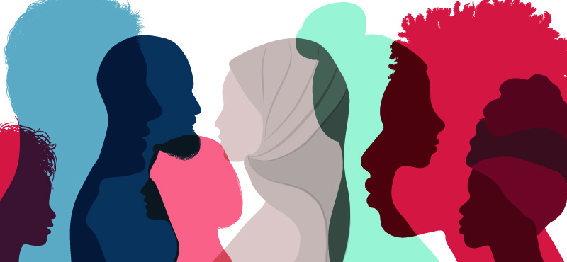 Illustration showing diverse range of silhouettes of people's faces