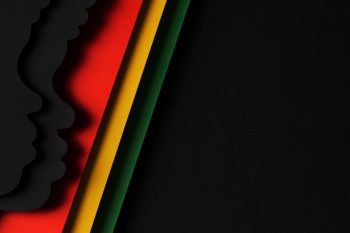 Black History Month color background. African Americans history celebration. Abstract geometric red, yellow, green color background with black paper cut people silhouette